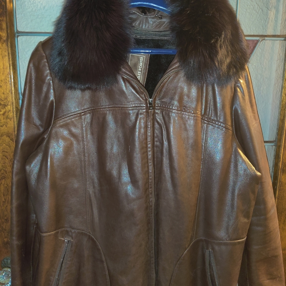 Leather Lambski  coat with fur collar